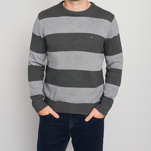 Tommy Hilfiger Men's Medium 💯 Cotton Gray Striped Sweater - Picture 1 of 10